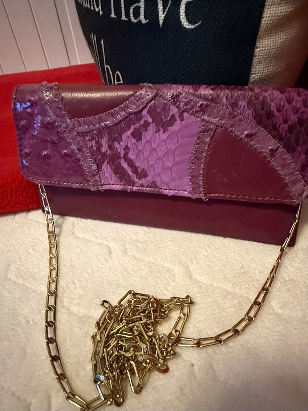 Chi by Falchi Purple Plum Patchwork Leather Clutch with Gold Chain